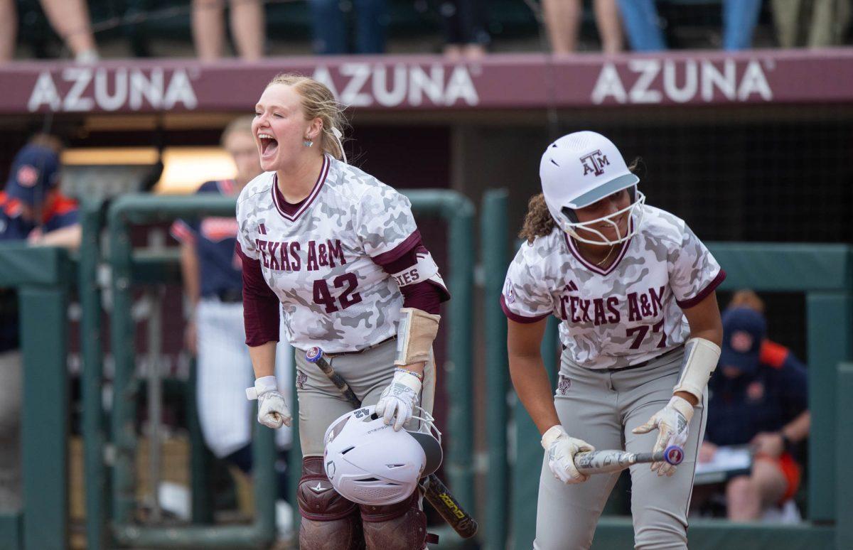 Texas A&M catcher Julia Cottrill (42) reacts during Texas A&Ms game against Auburn on Sunday, March 24, 2024, at Davis Diamond. (Lana Cheatham/The Battalion)