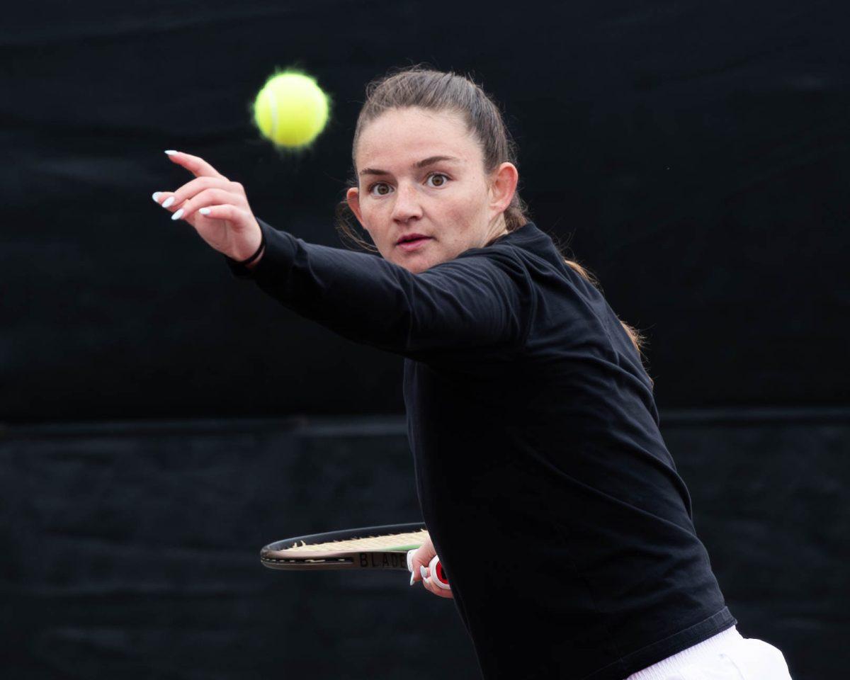 Sophomore Nicole Khirin prepares to return the ball at Texas A&Ms match against Kentucky at the Outdoor Mitchell Tennis Center on Sunday, March 24, 2024. (Connor May/The Battalion)