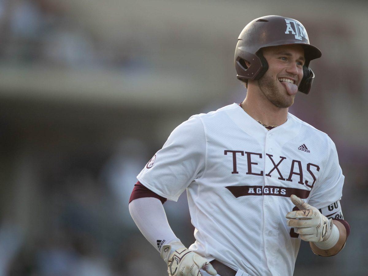 Texas A&M utility Gavin Grahovac (9) realizing he scored a home run during Texas A&M’s game against Sam Houston State on Tuesday, March 12, 2024 at Olsen Field. (Hannah Harrison/The Battalion)