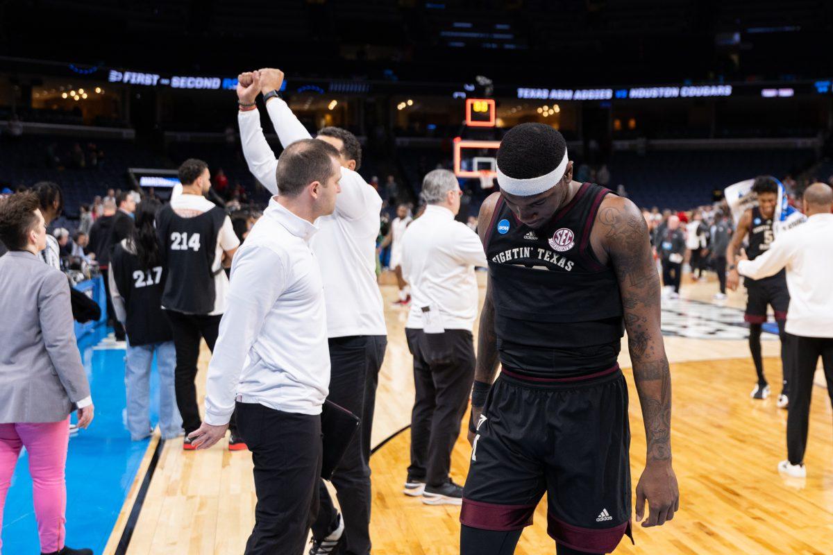 Graduate G Tyrece Radford walks off the court for the final time after Texas A&Ms loss against Houston in the second round of the 2024 NCAA Tournament at FedExForum in Memphis, Tennessee, on Sunday, March 24, 2024. (Kyle Heise/The Battalion)
