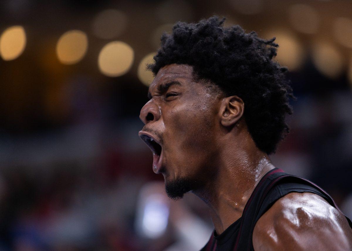 Sophomore F Solomon Washington yells from the sideline during Texas A&Ms game against Houston in the second round of the 2024 NCAA Tournament at FedExForum in Memphis, Tennessee, on Sunday, March 24, 2024. (Kyle Heise/The Battalion)