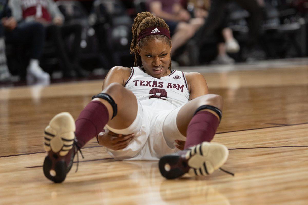 Sophomore F Janiah Barker (2) reels during Texas A&Ms game against Alabama on Sunday, Mar. 3, 2024, at Reed Arena.(Adriano Espinosa/The Battalion)