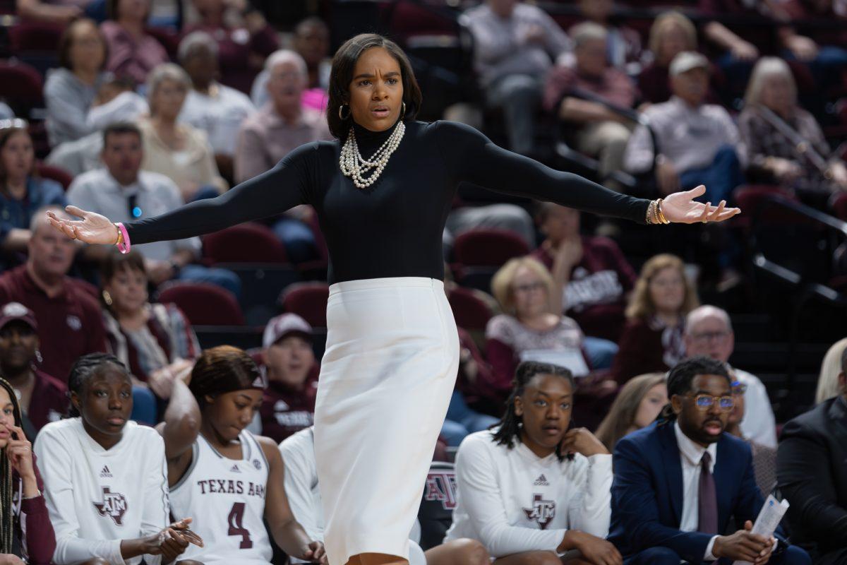 Aggies Head Coach Joni Taylor reacts during Texas A&amp;M's game against Alabama on Sunday, Mar. 3, 2024, at Reed Arena.(Adriano Espinosa/The Battalion)