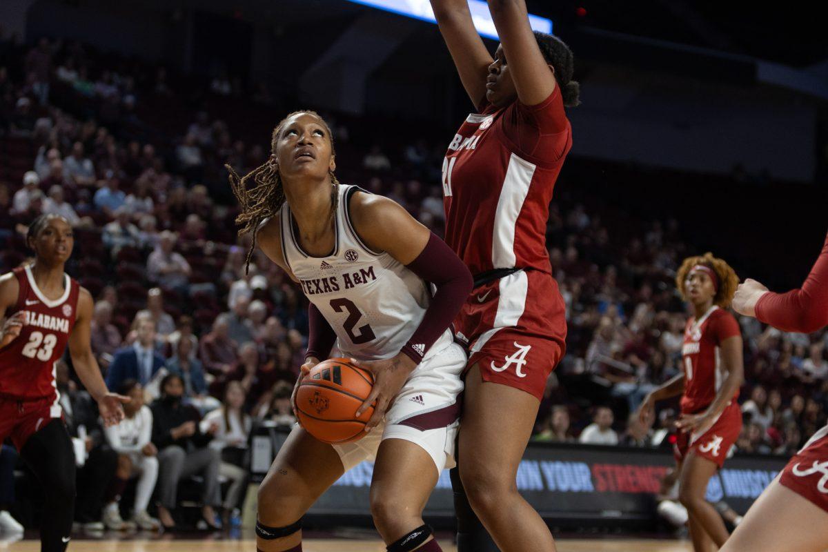 Sophomore F Janiah Barker (2) prepares to shoot during Texas A&M's game against Alabama on Sunday, Mar. 3, 2024, at Reed Arena.(Adriano Espinosa/The Battalion)