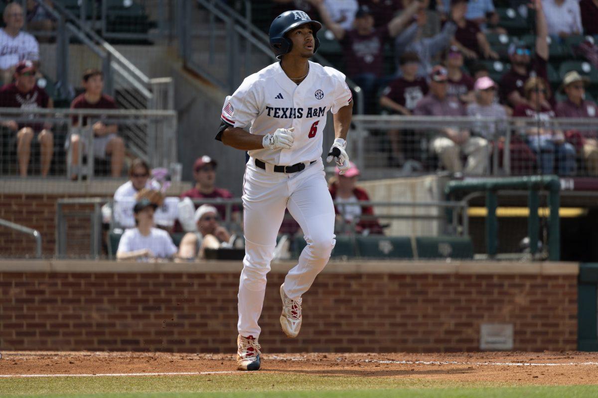 Junior OF Braden Montgomery (6) watches the ball during Texas A&Ms game against Mississippi State on March 23rd, 2023 at Olsen Field. (Jaime Rowe/The Battalion)