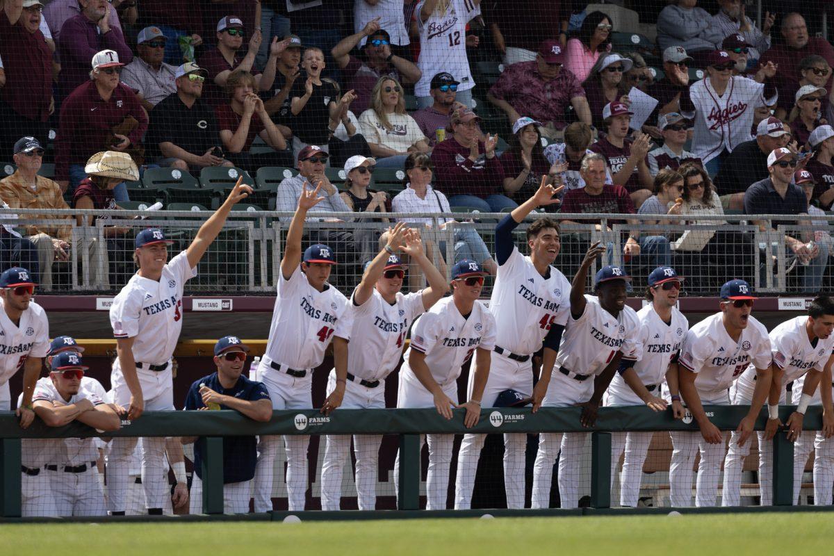 The Texas A&M baseball team celebrates after a home run during Texas A&Ms game against Mississippi State on March 23rd, 2023 at Olsen Field. (Jaime Rowe/The Battalion)