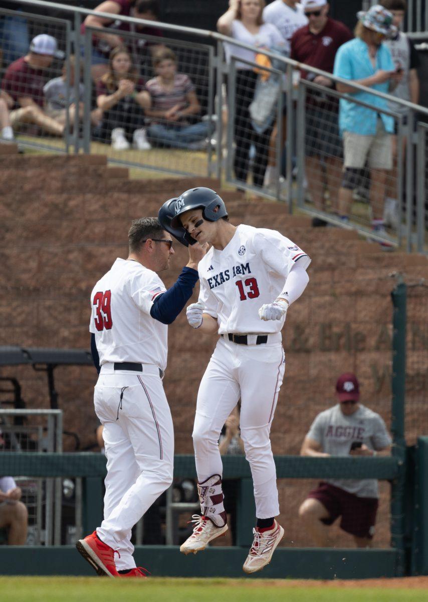 Feshman OF Caden Sorrell (13) celebrates during Texas A&Ms game against Mississippi State on March 23rd, 2023 at Olsen Field. (Jaime Rowe/The Battalion)