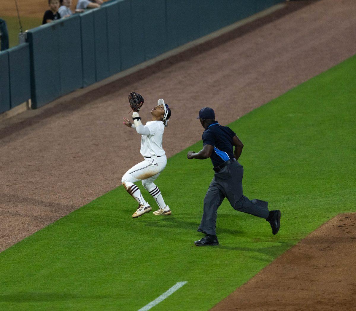 Sophomore INF Kennedy Powell (1) catches the ball during Texas A&Ms game against UNT on March 6, 2024 at Davis Diamond. (Jaime Rowe/The Battalion)