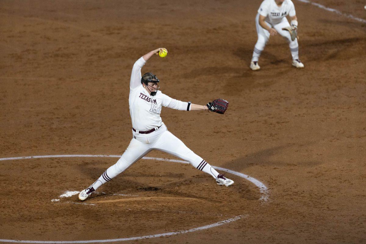 Graduate P Brooke Vestal (12) pitches during Texas A&Ms game against UNT on March 6, 2024 at Davis Diamond. (Jaime Rowe/The Battalion)