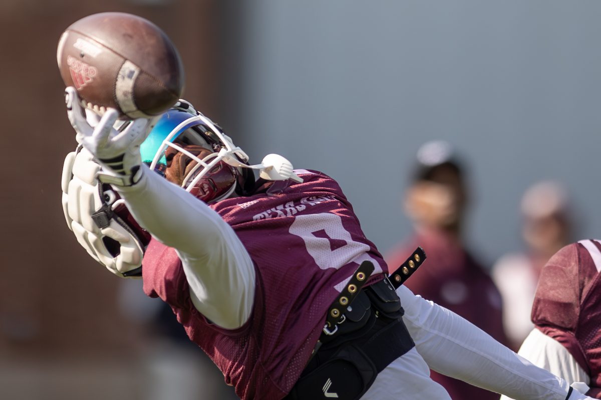 Senior WR Jahdae Walker(9) makes a one-handed catch during spring football practice on Thursday, April 18, 2024, at Coolidge Football Performance Center. (CJ Smith/The Battalion)