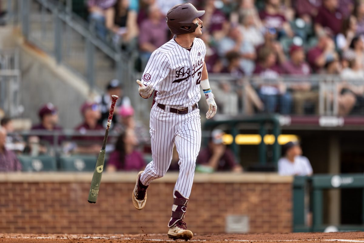 Texas A&M INF Ted Burton (27) hits a home run during A&Ms game against Georgia on Friday, April 26, 2024, at Olsen Field. (CJ Smith/The Battalion)
