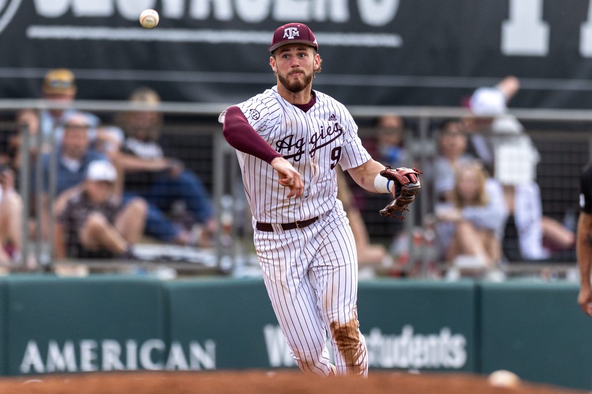 Texas A&M utility Gavin Grahovac (9) throws the ball during A&Ms game against Georgia on Friday, April 26, 2024, at Olsen Field. (CJ Smith/The Battalion)