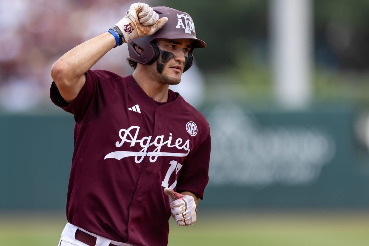 Texas A&M OF Jace LaViolette (17) reacts to his home run during A&Ms game against Georgia on Saturday, April 27, 2024, at Olsen Field. (CJ Smith/The Battalion)