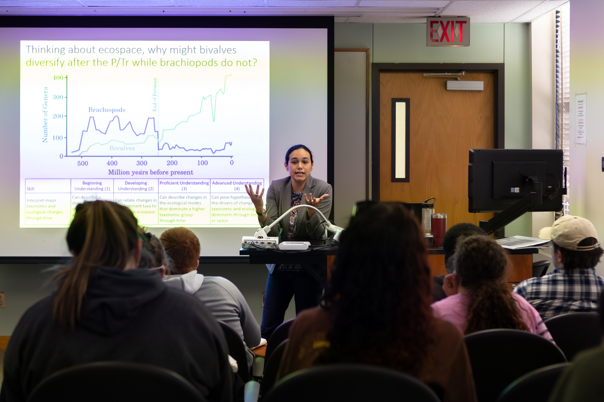 Texas A&M professor Dr. Christina Belanger teaches her Geology 314 class on Wednesday, April 3, 2024, in the Halbouty Geosciences Building. (CJ Smith/The Battalion)