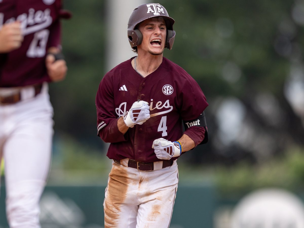 Texas A&M infielder Travis Chestnut (4) reacts to his walk-off home run during A&Ms game against Georgia on Saturday, April 27, 2024, at Olsen Field. (CJ Smith/The Battalion)