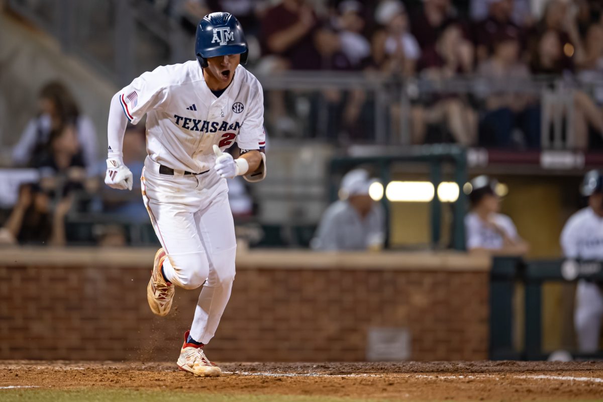 Texas A&M infielder Ali Camarillo (2) reacts after hitting a single during Texas A&M’s game against Georgia at Olsen Field on Saturday, April 27, 2024. (CJ Smith/The Battalion)