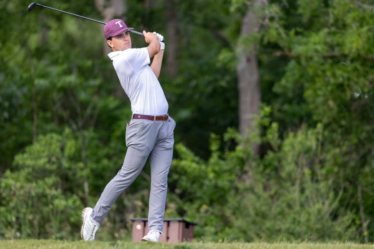 Texas A&M senior Daniel Rodrigues holds his follow-through after driving the ball during The Aggie Invitational on Saturday, April 6, 2024, at Traditions Golf Club. (CJ Smith/The Battalion)
