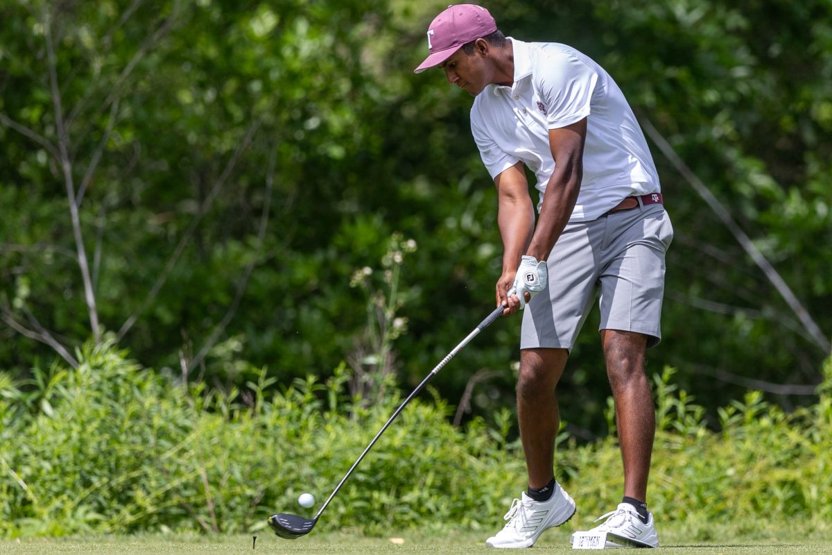 Texas A&M junior Vishnu Sadagopan drives the ball during The Aggie Invitational on Saturday, April 6, 2024, at Traditions Golf Club. (CJ Smith/The Battalion)