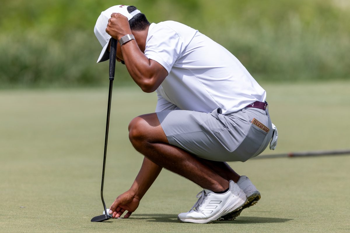 Texas A&amp;M senior Phichaksn Maichon sets his ball down during The Aggie Invitational on Saturday, April 6, 2024, at Traditions Golf Club.