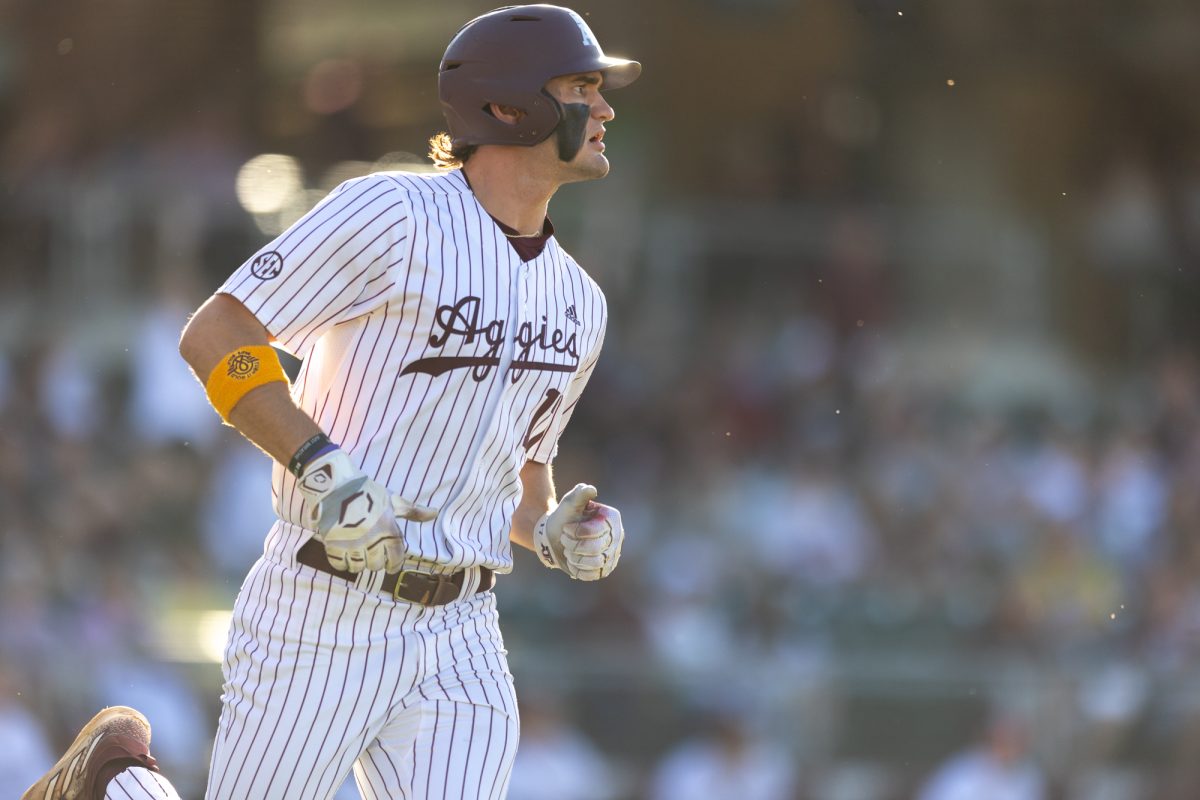 Sophomore CF Jace LaViolette (17) runs the bases after hitting a home run during A&M's games against Vanderbilt on Friday, April 12, 2024, at Olsen Field. (CJ Smith/The Battalion)