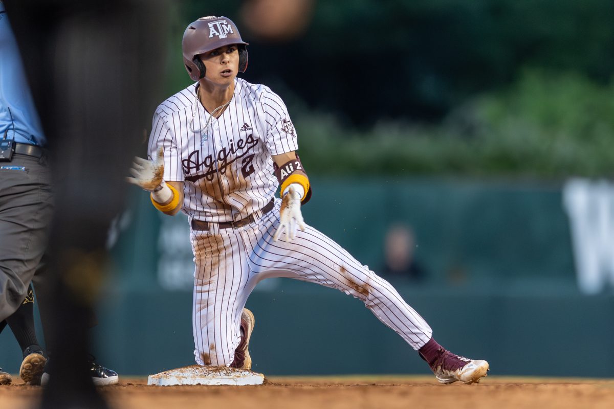 Junior INF Ali Camarillo (2) reacts after sliding into second base during A&M's games against Vanderbilt on Friday, April 12, 2024, at Olsen Field. (CJ Smith/The Battalion)