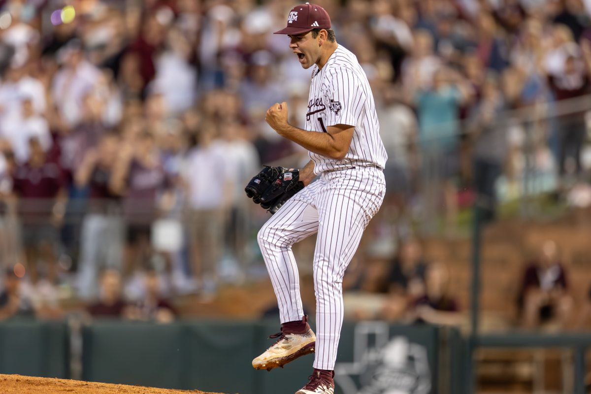 Sophomore LHP Ryan Prager (18) celebrates getting the last strikeout during A&Ms games against Vanderbilt on Friday, April 12, 2024, at Olsen Field. (CJ Smith/The Battalion)