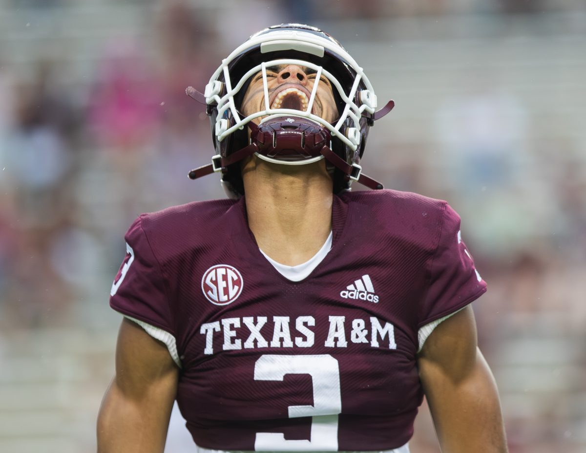 Junior WR Noah Thomas (3) reacts during Texas A&Ms Spring Game at Kyle Field on Saturday, April 20, 2024. (Adriano Espinosa/The Battalion)