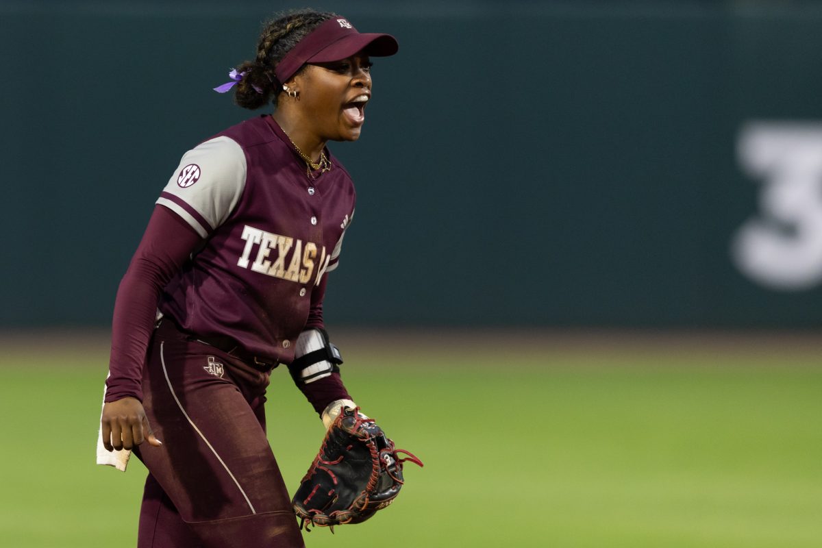 Texas A&M infielder Koko Wooley (3) reacts after a strikeout during Texas A&M’s game against Houston at Davis Diamond on Tuesday, April 23, 2024. (Chris Swann/The Battalion)
