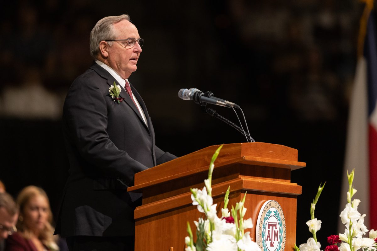 Texas A&amp;M President Mark A. Welsh III speaks during the 100th annual Muster ceremony held at Reed Arena on Sunday, April 21, 2024. (Chris Swann/The Battalion)