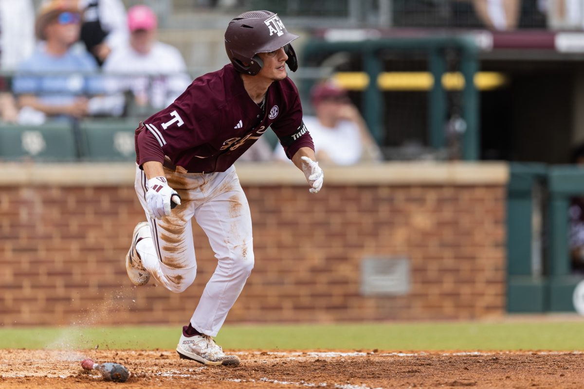 Texas A&amp;M infielder Travis Chestnut (4) drops his bat during Texas A&amp;M’s game against Georgia at Olsen Field on Saturday, April 27, 2024. (Chris Swann/The Battalion)