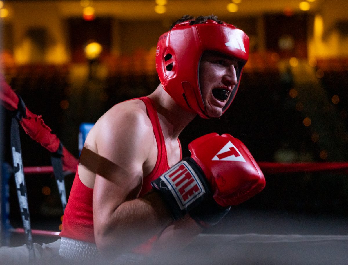 Light Heavyweight fighter AJ Baird regroups during Farmers Fight Night, on Thursday, April 4th 2024, at Reed Arena.