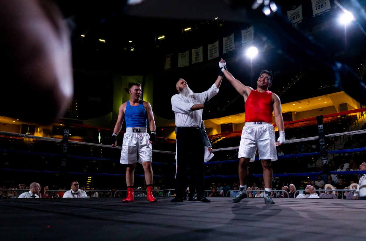 Heavyweight fighter Kobe Mora claims victory over opponent Chandler Banks during Farmers Fight Night, on Thursday, Apr. 4th, 2024, at Reed Arena.