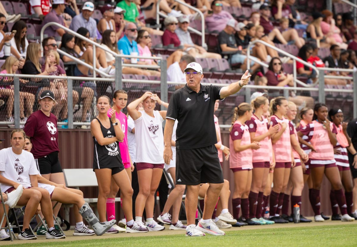 Head Coach G Guerrieri complains about a foul call during Texas A&Ms game against TCU on Sunday, April 7, 2024, at Ellis Field.