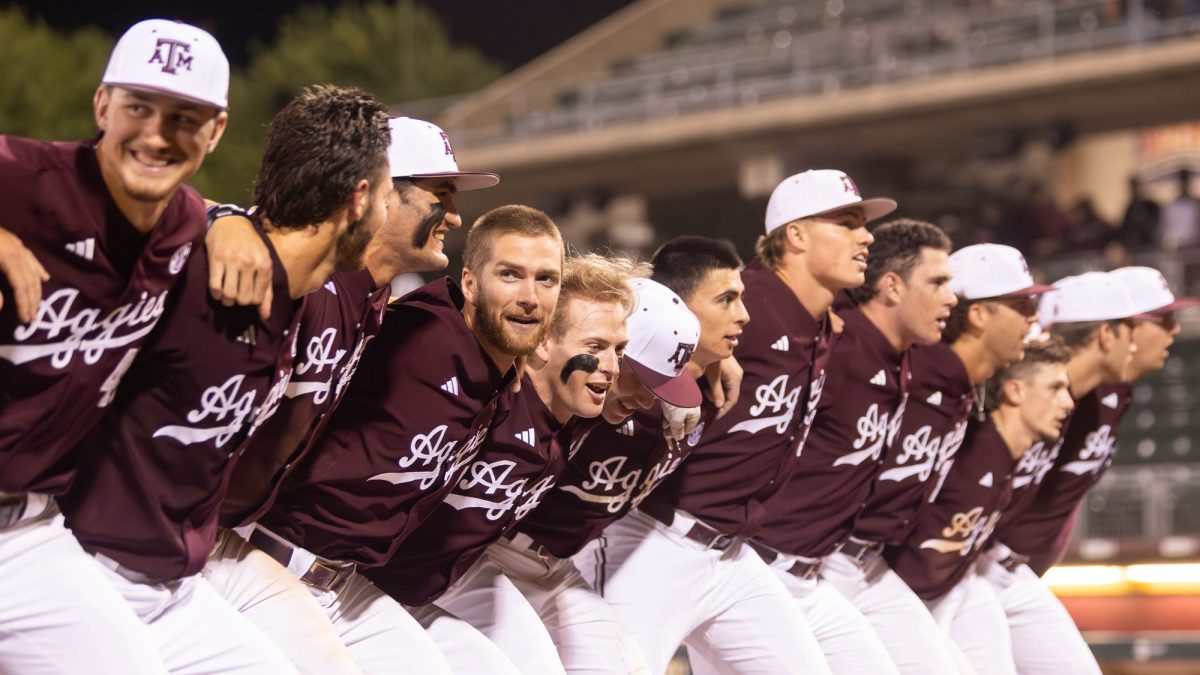 Texas A&M players singing the war hymn during Texas A&M’s game against UTSA on Tuesday, April 9, 2024 at Olsen Field. (Hannah Harrison/The Battalion)