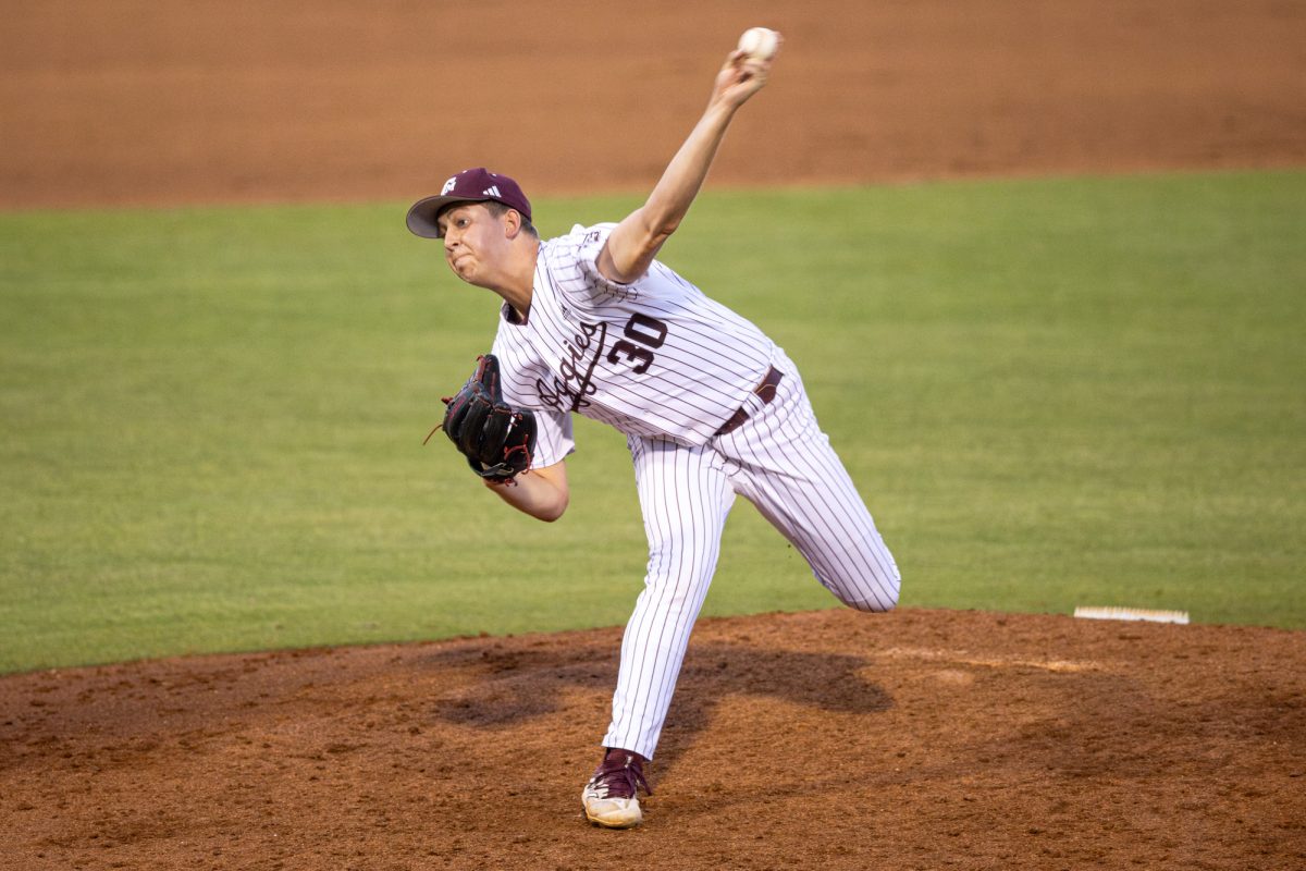 Texas A&M pitcher Kaiden Wilson (30) delivers a pitch during Texas A&M’s game against Tarleton State on Tuesday, April 30, 2024. (Chris Swann/The Battalion)