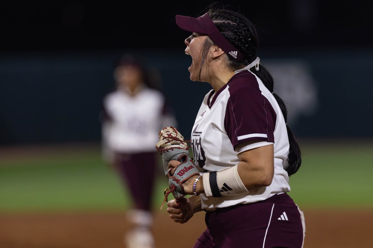 Texas A&M infielder Trinity Cannon (6) celebrates during Texas A&M’s game against Ole Miss on Friday, April 19, 2024 at Davis Diamond. (Hannah Harrison/The Battalion)