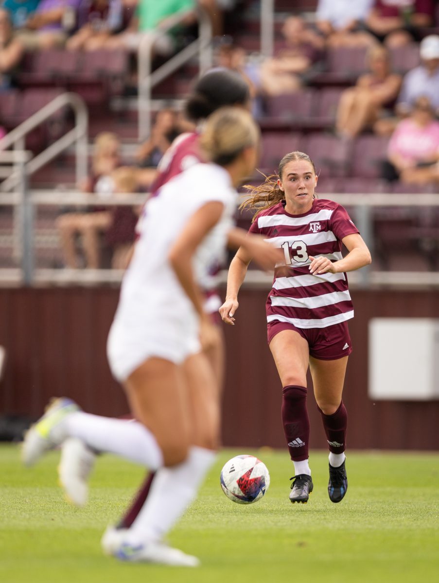 Senior M/D Mia Pante (13) drives the ball during Texas A&Ms game against TCU on Sunday, April 7, 2024, at Ellis Field.