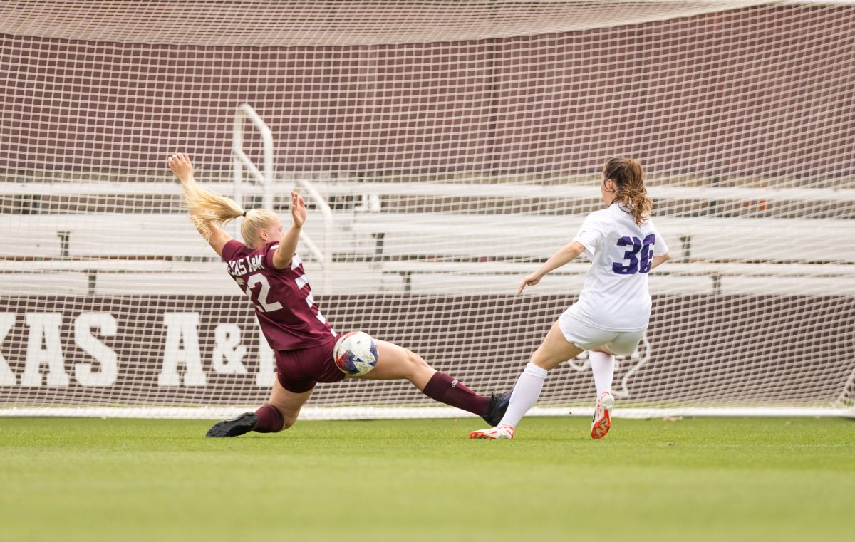 Sophomore D Margo Matula (22) blocks a shot during Texas A&Ms game against TCU on Sunday, April 7, 2024, at Ellis Field.