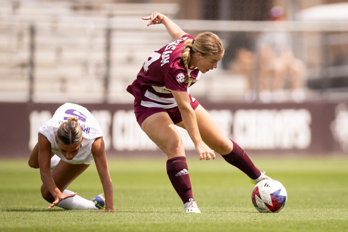 Sophomore F Kennedy Clark (14) passes the ball during Texas A&Ms game against TCU on Sunday, April 7, 2024, at Ellis Field.