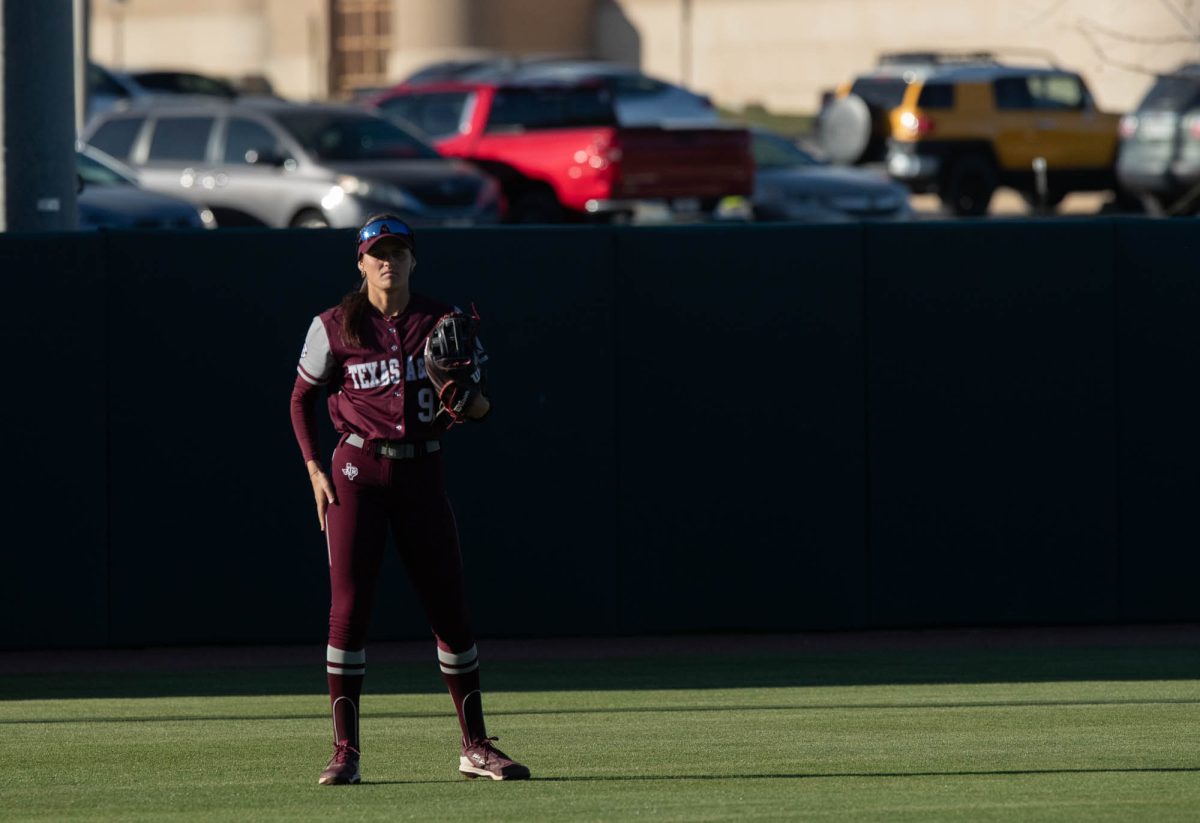 Texas A&M outfielder Kramer Eschete (91) in the outfield during Texas A&Ms game against Prairie View A&M on Tuesday, April 2, 2024, at Davis Diamond. (Lana Cheatham/The Battalion)