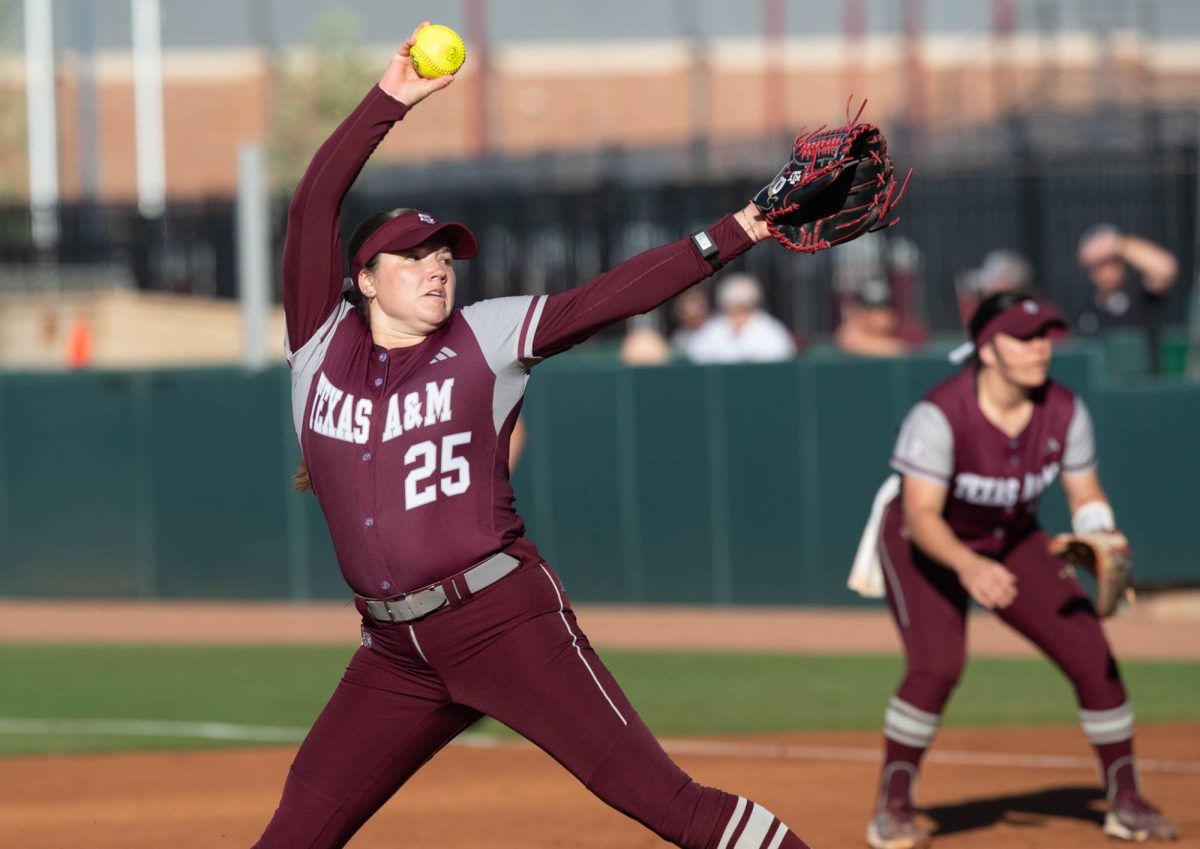 Texas A&M junior P Emily Leavitt (25) pitches during Texas A&Ms game against Prairie View A&M on Tuesday, April 2, 2024, at Davis Diamond. (Lana Cheatham/The Battalion)