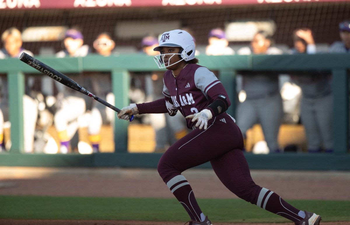 Texas A&M infielder Koko Wooley (3) after batting during Texas A&Ms game against Prairie View A&M on Tuesday, April 2, 2024, at Davis Diamond. (Lana Cheatham/The Battalion)