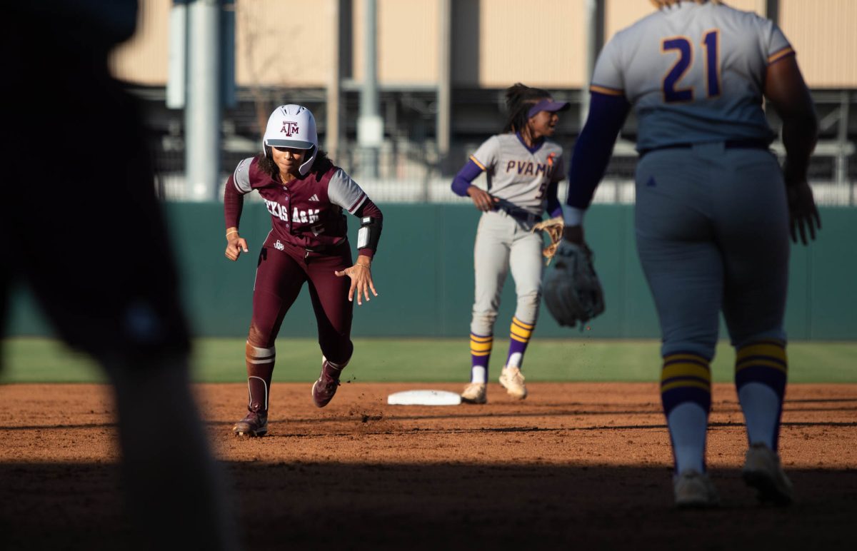 Texas A&M infielder Rylen Wiggins (2) running to third base during Texas A&Ms game against Prairie View A&M on Tuesday, April 2, 2024, at Davis Diamond. (Lana Cheatham/The Battalion)