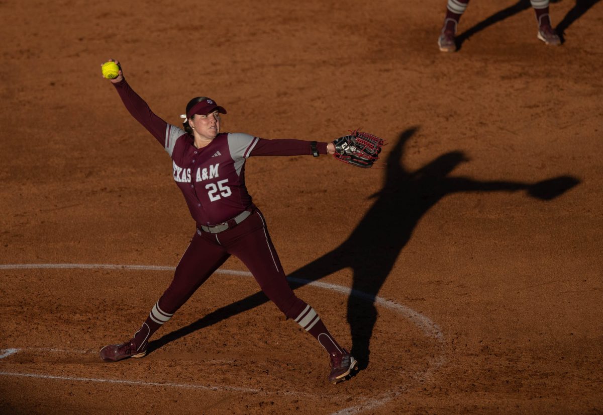 Texas A&M starting pitcher/relief pitcher Emily Leavitt (25) pitching during Texas A&M's game against Prairie View A&M on Tuesday, April 2, 2024, at Davis Diamond. (Lana Cheatham/The Battalion)