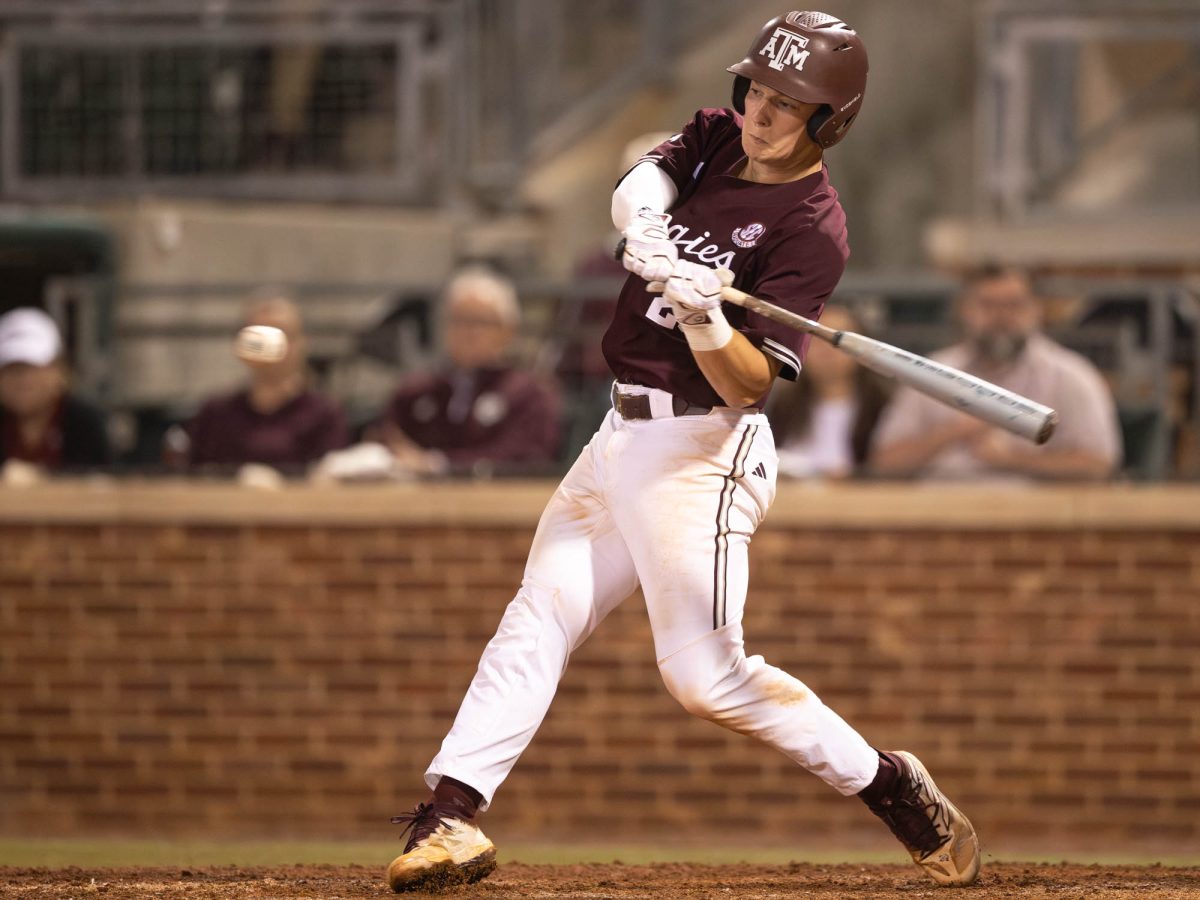 Texas A&M catcher Jackson Appel (20) hitting his third home run of the night during Texas A&M’s game against UTSA on Tuesday, April 9, 2024 at Olsen Field. (Hannah Harrison/The Battalion)