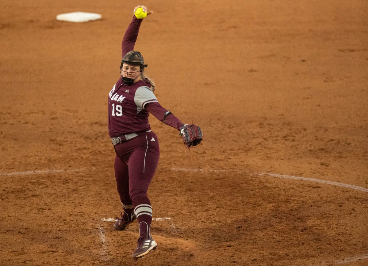 Texas A&M graduate relief pitcher Brooke Vestal (19) pitches during Texas A&Ms game against Prairie View A&M on Tuesday, April 2, 2024, at Davis Diamond. (Lana Cheatham/The Battalion)