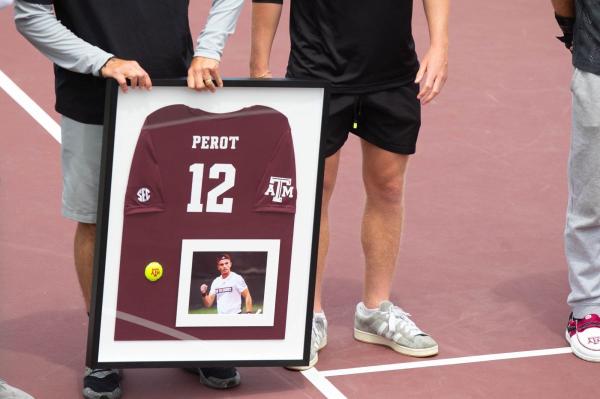 Senior Raphael Perot honored for Senior Day before Texas A&M’s match against Arkansas on Sunday, April 7, 2024 at Mitchell Tennis Center. (Lana Cheatham/The Battalion)