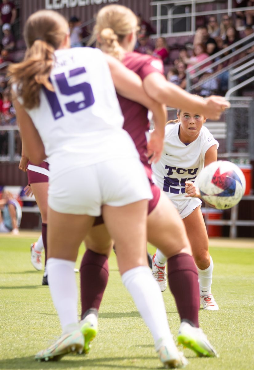 Players fight for the ball during Texas A&Ms game against TCU on Sunday, April 7, 2024, at Ellis Field.