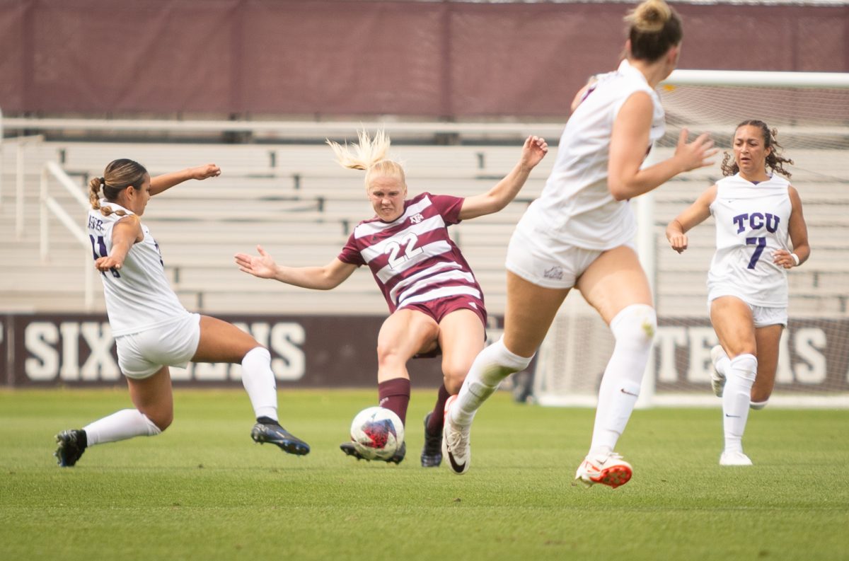Sophomore D Margo Matula (22) clears the ball during Texas A&Ms game against TCU on Sunday, April 7, 2024, at Ellis Field.