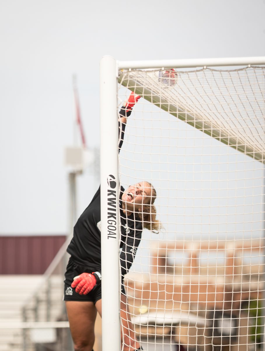 TCU Graduate GK Megan Plaschko (32) jumps to block a shot during Texas A&Ms game against TCU on Sunday, April 7, 2024, at Ellis Field.